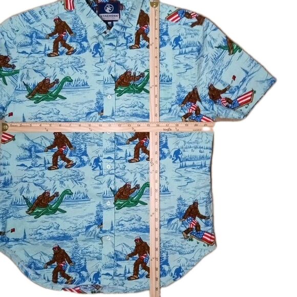 VTG Staghorn Bigfoot Sasquatch Short Sleeve Mens Button Shirt Large USA Hawaiian - Picture 3 of 5